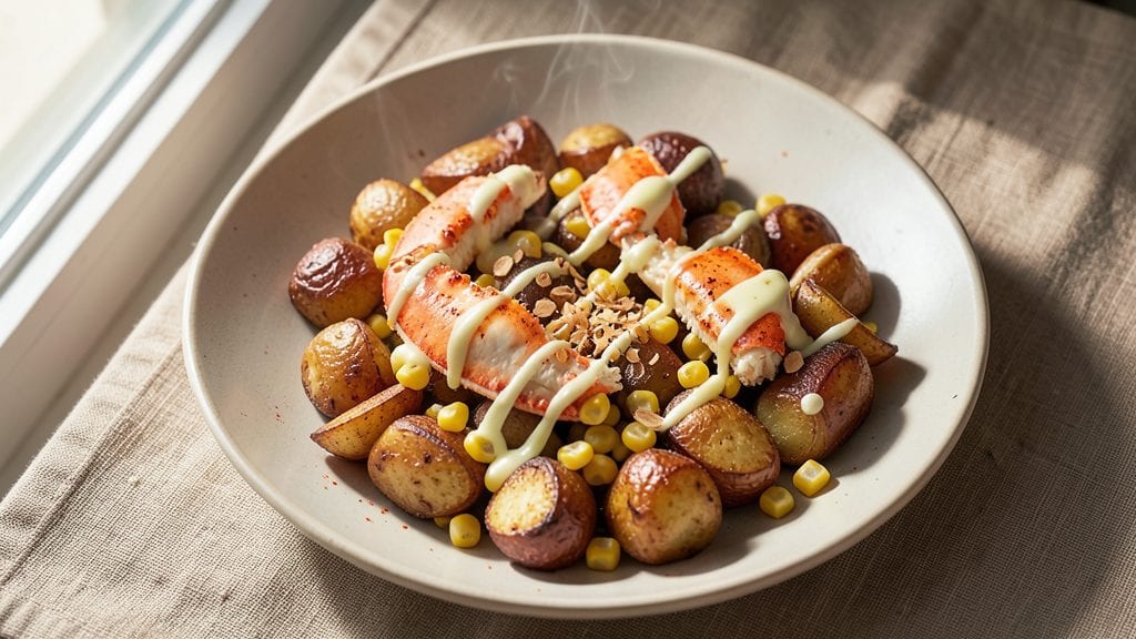 Baked Crab Legs With Corn and Potatoes Recipe: Seafood Feast in One Pan