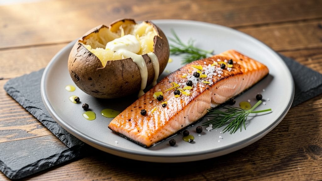 Baked Potato and Salmon Recipe: One-Pan Dinner With Crispy Salmon Skin