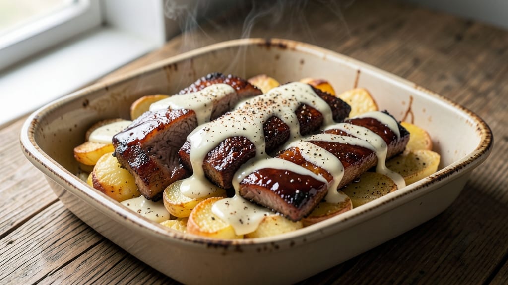Carson's Ribs Au Gratin Potatoes Recipe: Crispy Cornmeal Crust Over Creamy Pink Layers