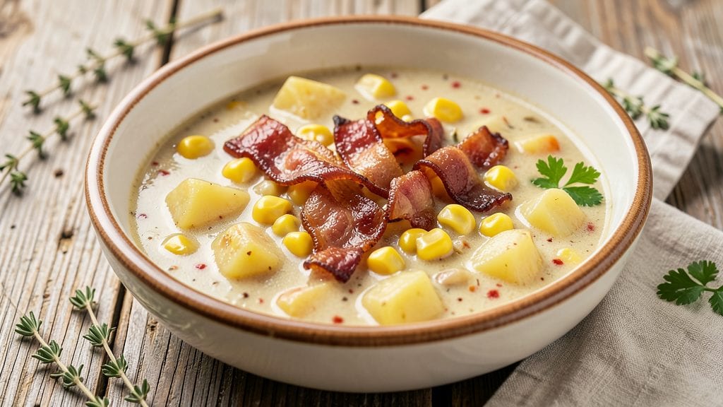 Old Fashioned Corn and Potato Chowder Recipe: Smoky Bacon and Creamy Tomato Twist