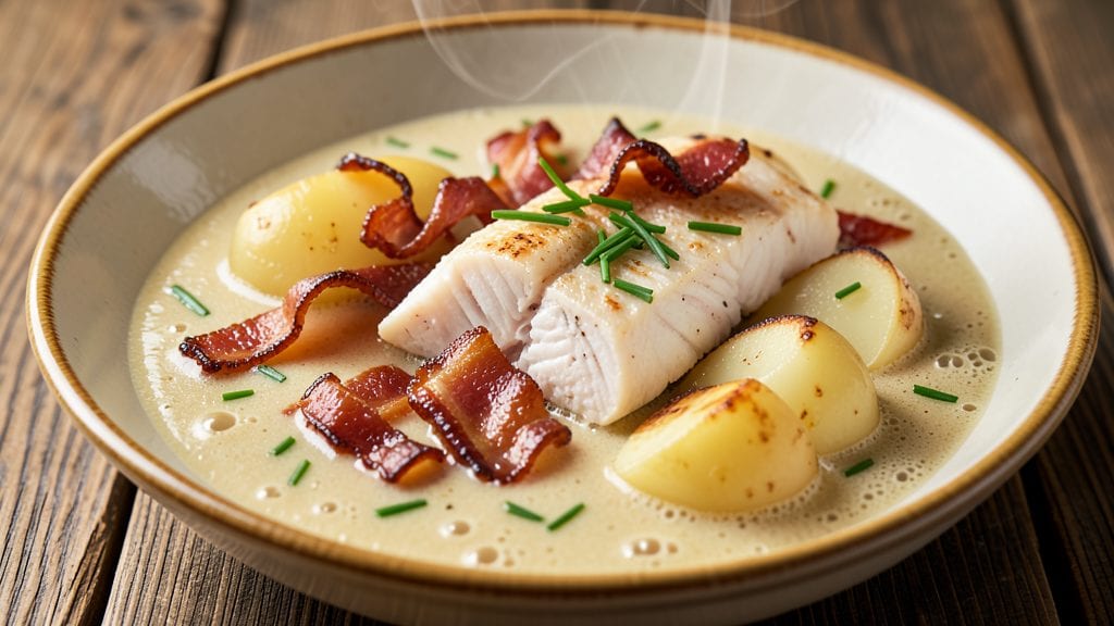 Old-Fashioned Fish Chowder With Potatoes Recipe: Smoky Bacon and Creamy Potato Swirls